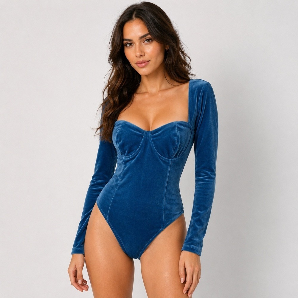 Bar III Velvet Bodysuit Sweetheart Corset Blue M Holiday Party Glam Cocktail Y2K